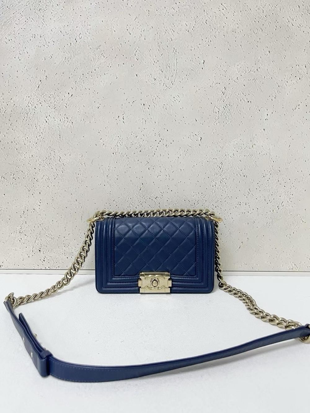 CHANEL Navy Quilted Boy Bag with Gold Chain